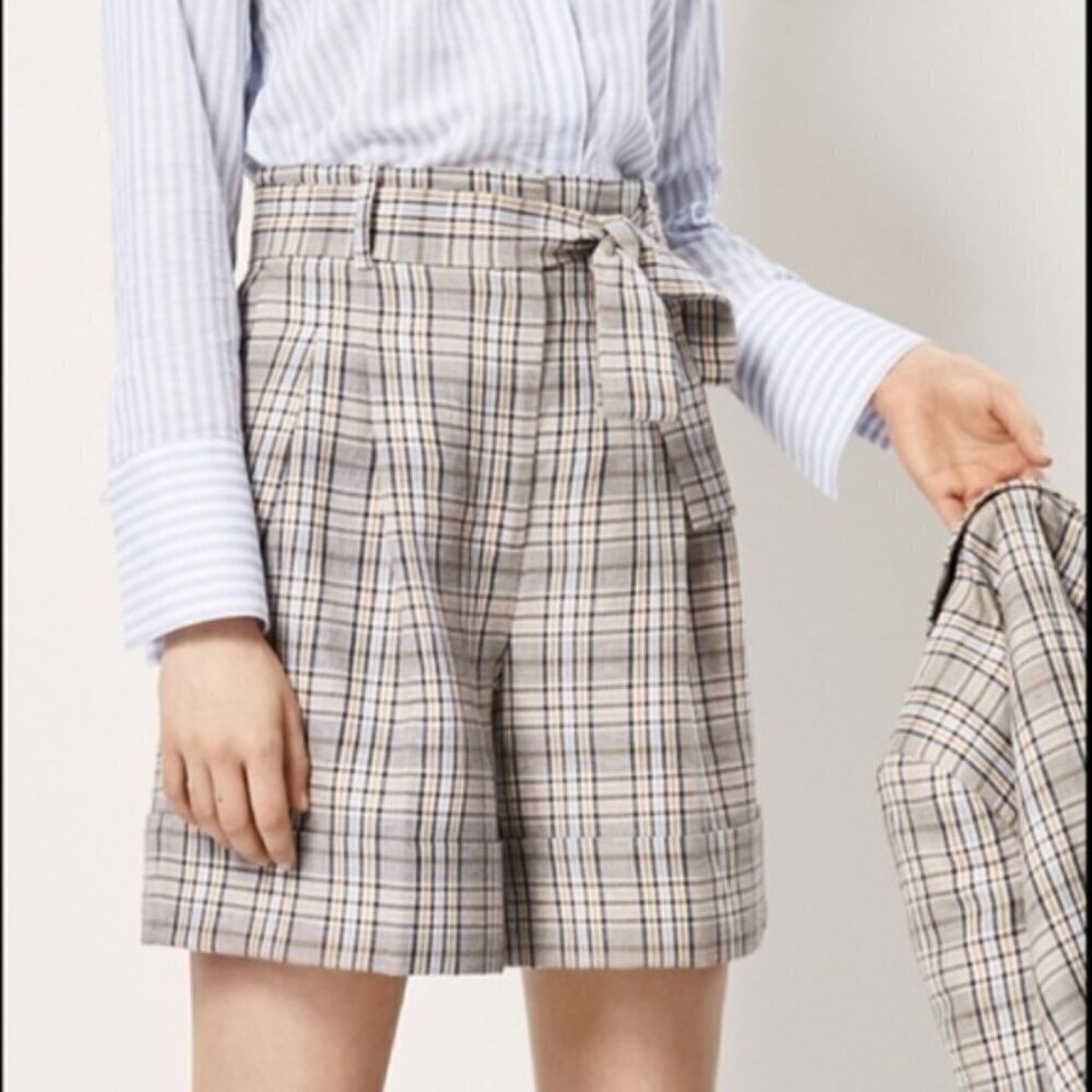 Massimo Dutti Plaid Linen Blend Bermuda Paperbag Shorts - 8